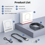 Unboxing product list for the Mavic 4 Pro airdrop system, including the main dropper unit, charging cable, and mounting strap.