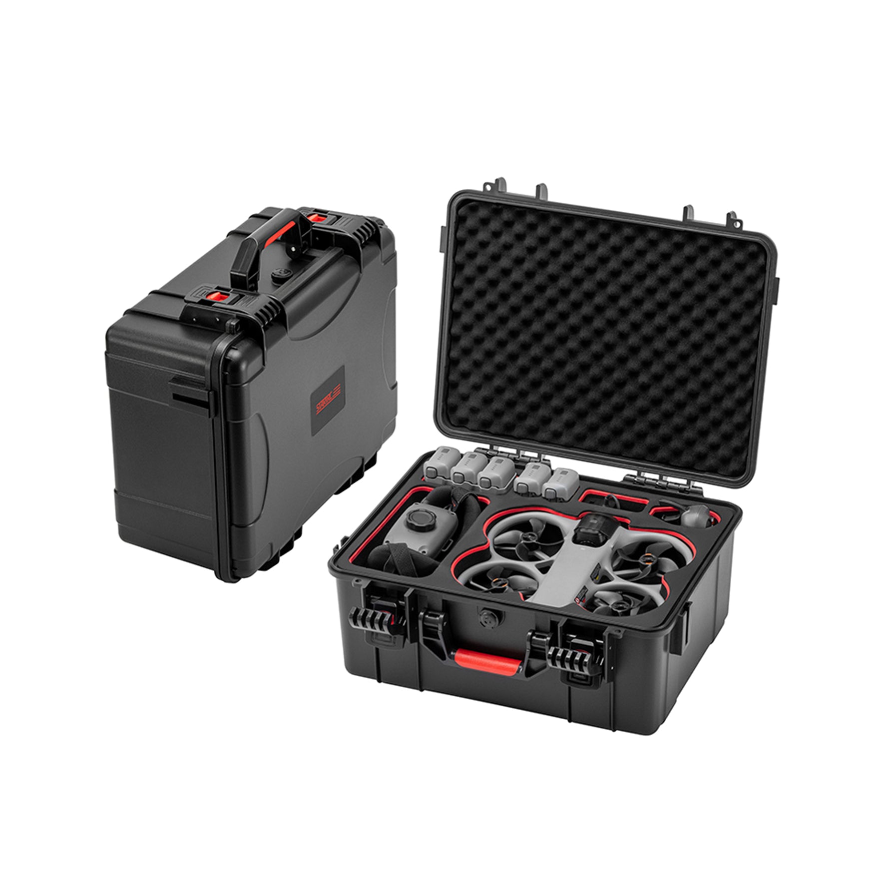 The STARTRC Avata 360 carrying case shown open and closed, demonstrating its compact footprint and high-capacity interior.