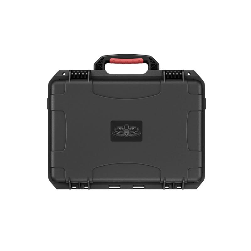Front view of the closed STARTRC DJI Avata 2 protective carrying case featuring a rugged black ABS shell and secure locking buckles for travel.