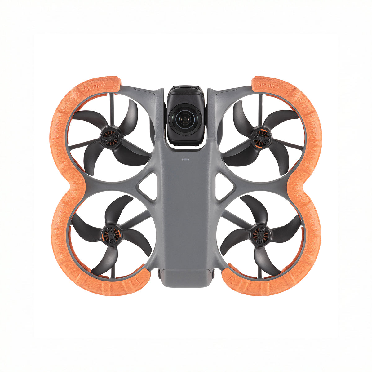 STARTRC DJI Avata 360 EVA anti-collision bumper guards installed on the drone, featuring a high-visibility orange color for safe flights.