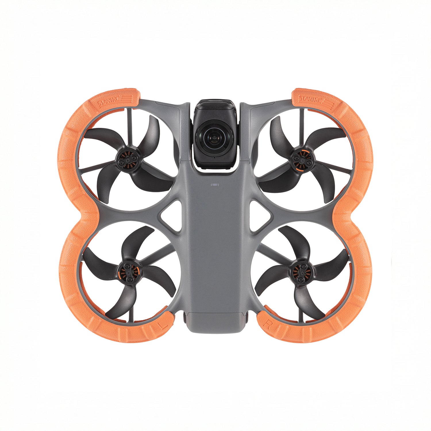 STARTRC DJI Avata 360 EVA anti-collision bumper guards installed on the drone, featuring a high-visibility orange color for safe flights.