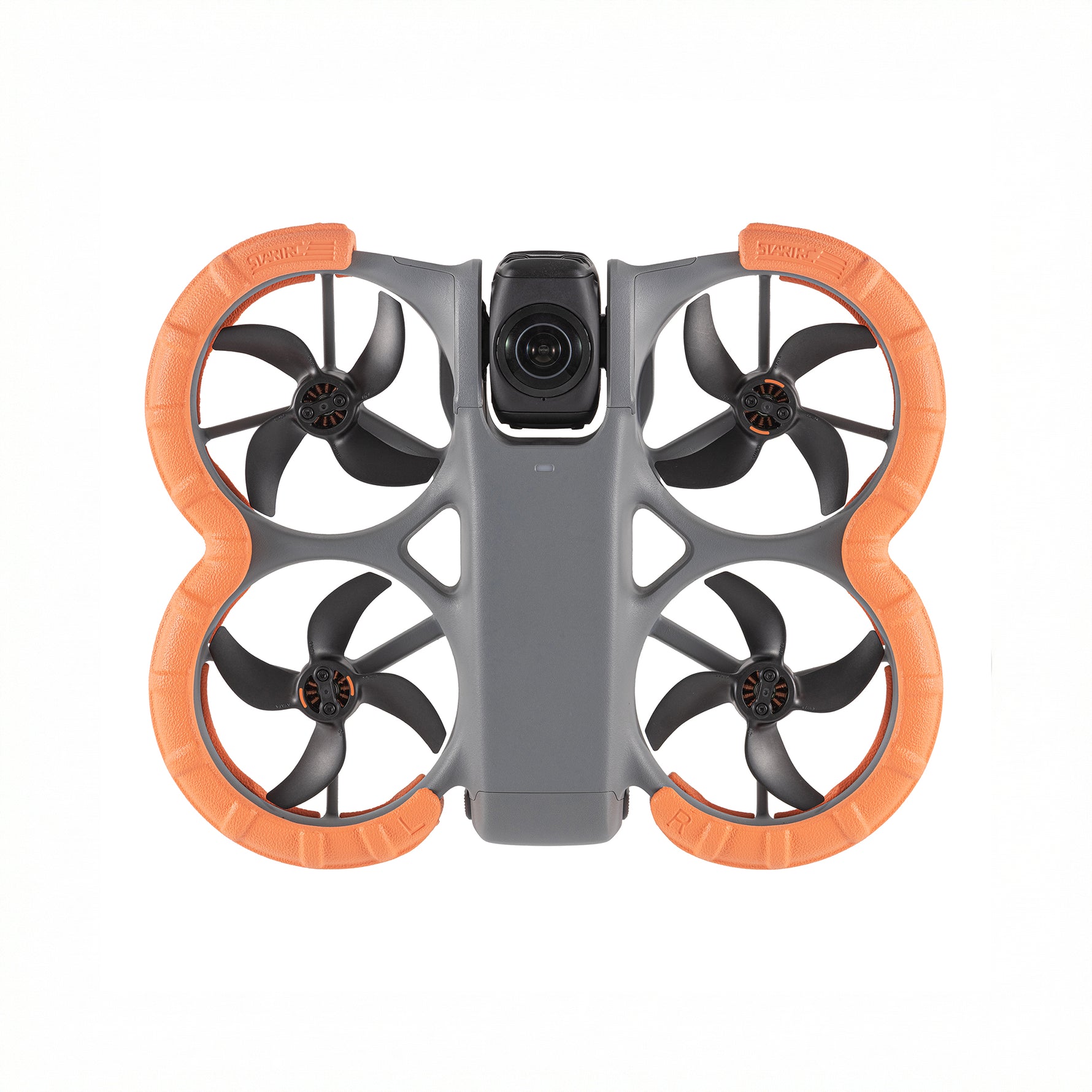 STARTRC DJI Avata 360 EVA anti-collision bumper guards installed on the drone, featuring a high-visibility orange color for safe flights.