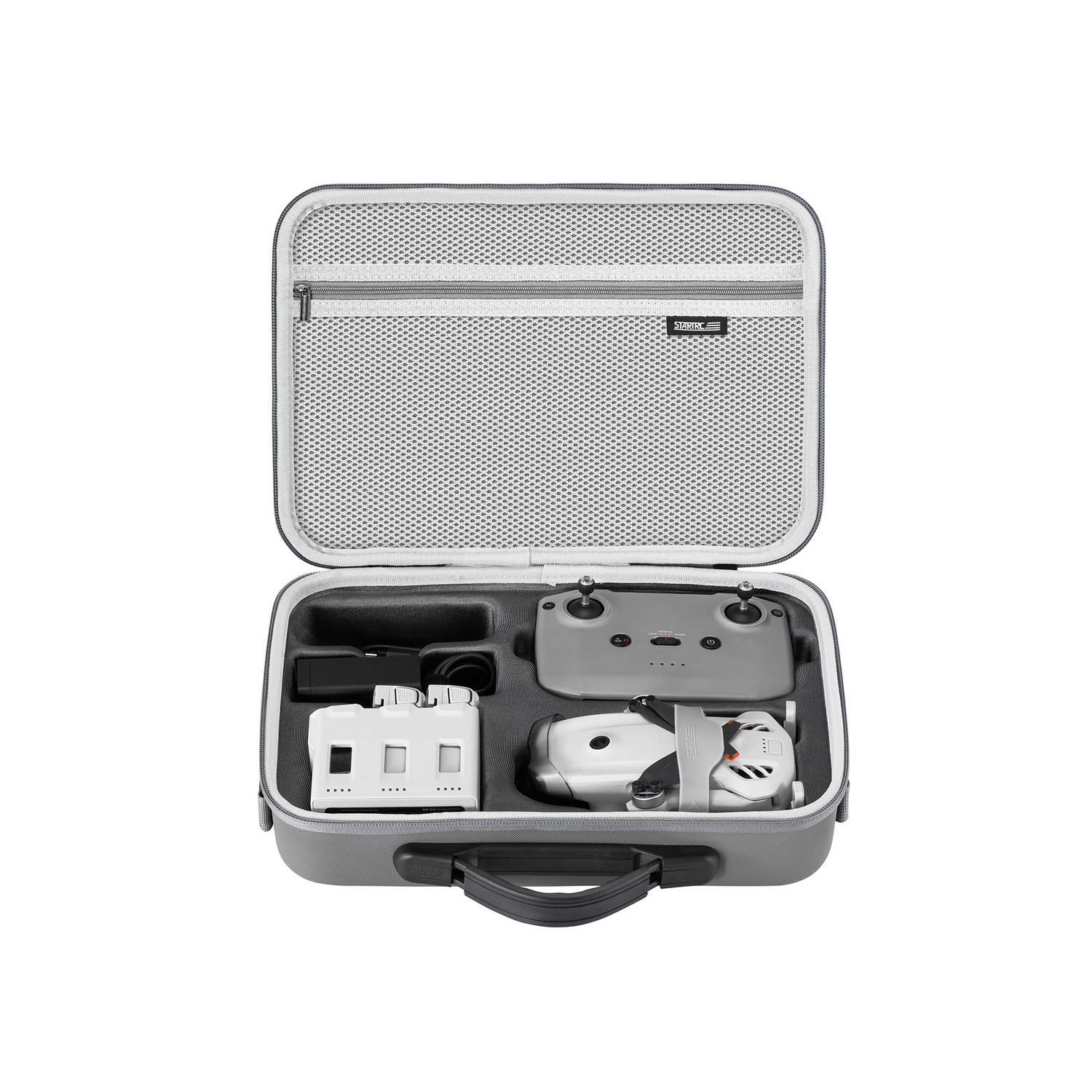Main open view of the STARTRC DJI Lito 1 PU carry bag loaded with the Fly More Combo. Features precision-molded slots for the drone, RCN remote controller, and charging hub.