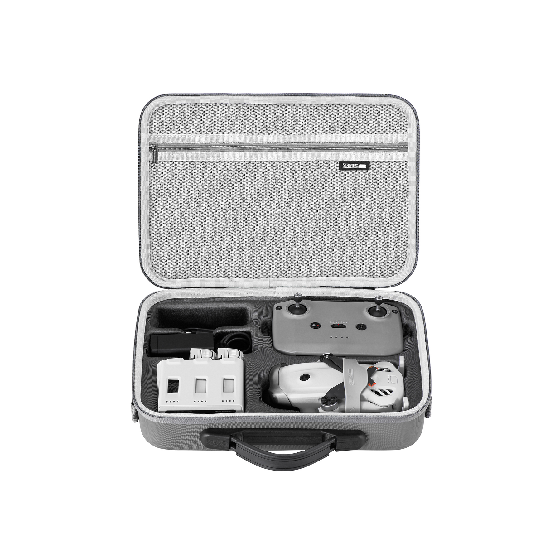 Main open view of the STARTRC DJI Lito 1 PU carry bag loaded with the Fly More Combo. Features precision-molded slots for the drone, RCN remote controller, and charging hub.
