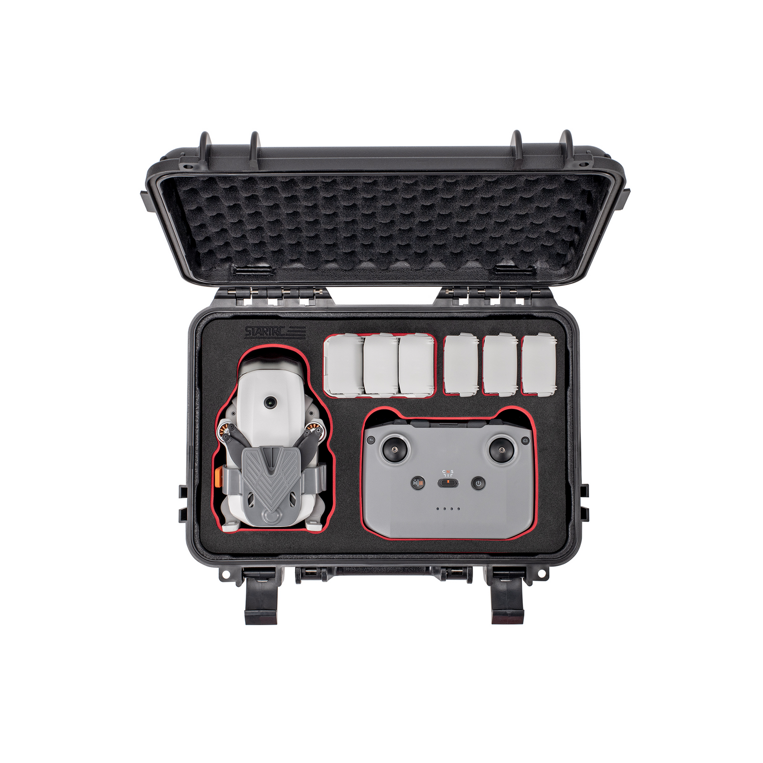 Main view of the STARTRC DJI Lito 1 waterproof hard case loaded with the Fly More Combo. Precision-molded EVA interior securely holds the drone, RC controller, and charging hub.