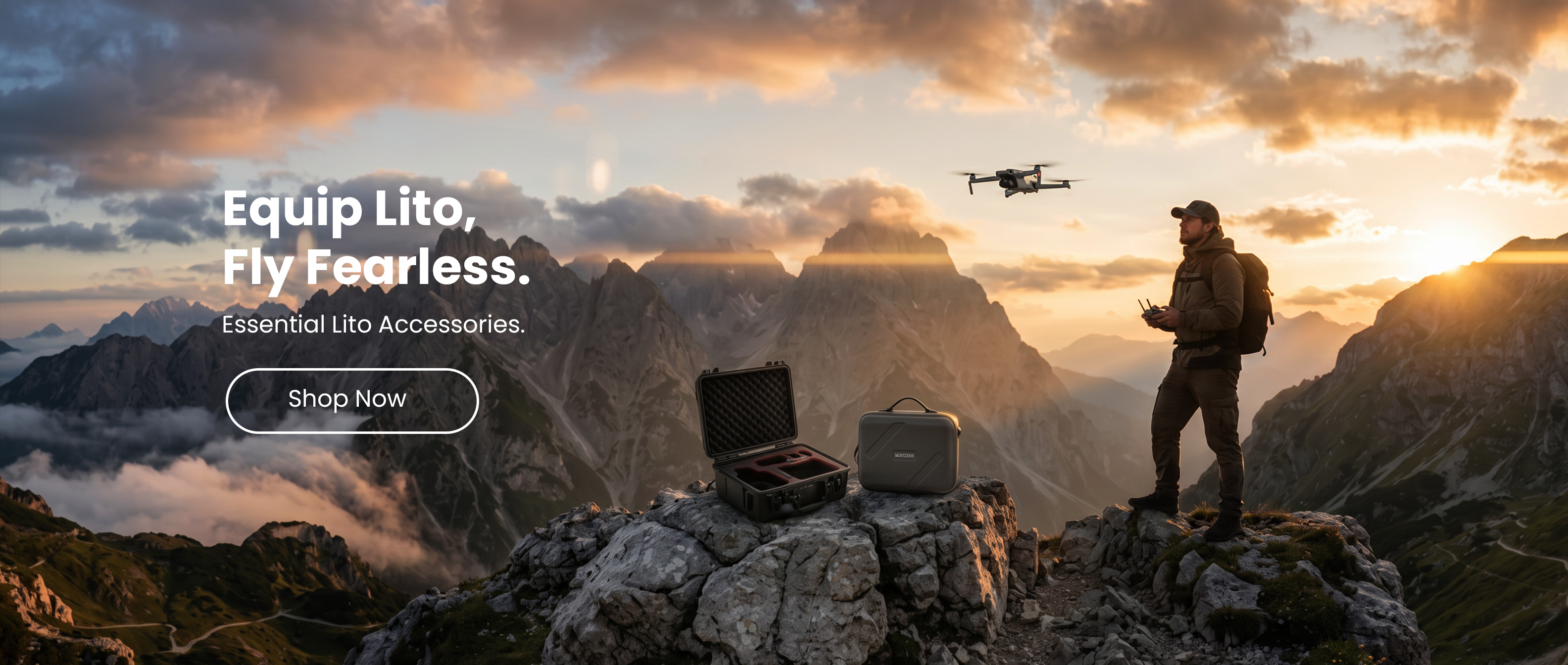 A professional drone pilot at sunset in the mountains, showcasing the STARTRC DJI Lito hard case and travel bag. High-quality DJI Lito accessories for rugged outdoor aerial photography.