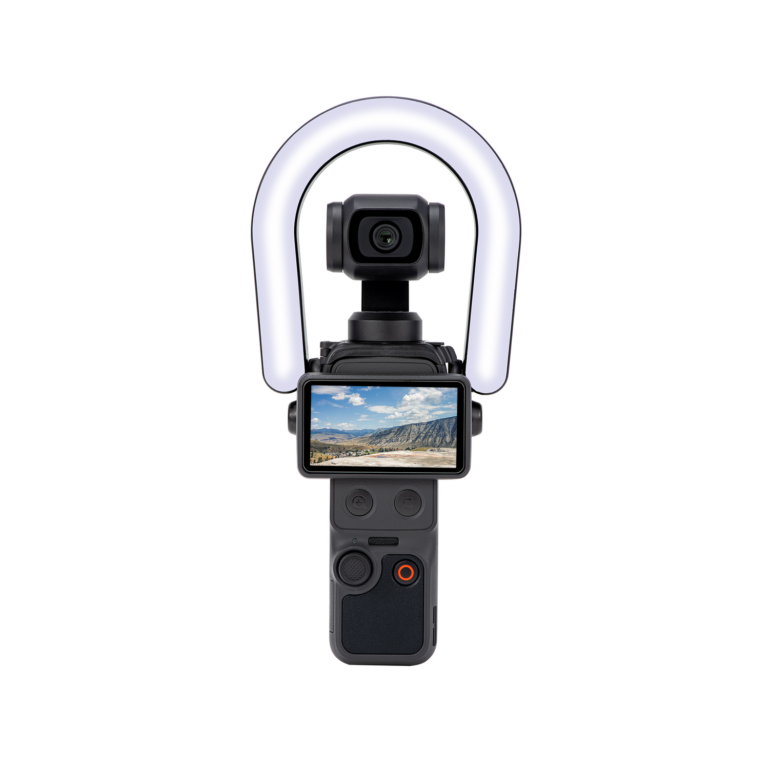 Front view of the STARTRC Magnetic Ring Beauty Light installed on a DJI Osmo Pocket 3/4, showcasing the even, shadowless illumination design.