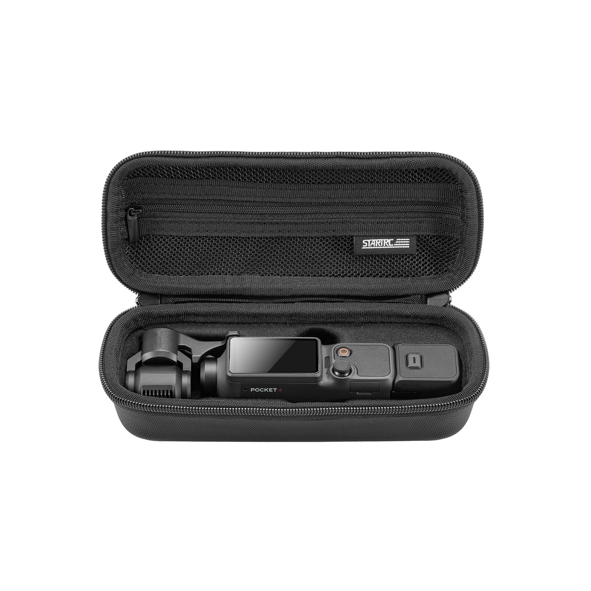 A high-quality PU leather carrying case by STARTRC, designed specifically for the DJI Osmo Pocket 4 with an open view showing the camera inside.
