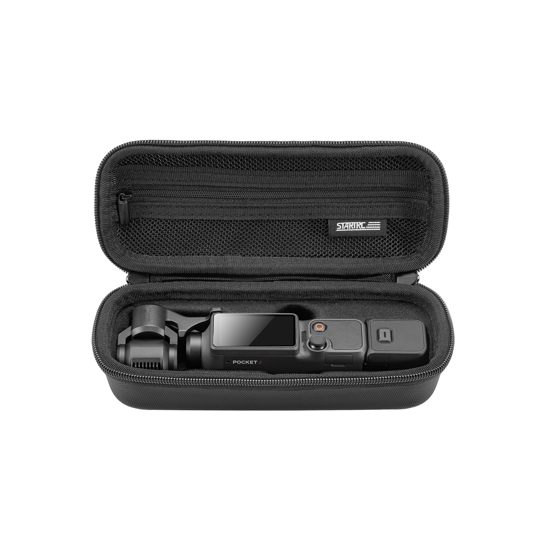 A high-quality PU leather carrying case by STARTRC, designed specifically for the DJI Osmo Pocket 4 with an open view showing the camera inside.