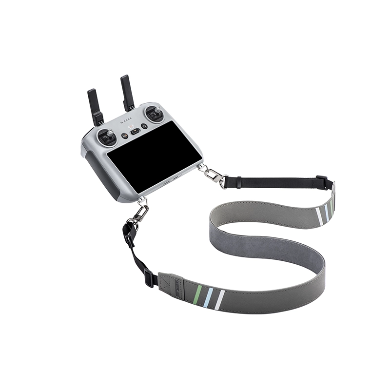 DJI Smart Controller with STARTRC V4 premium grey leather lanyard and neck strap attached via foldable screws. Designed for DJI RC 2 and RC Pro.