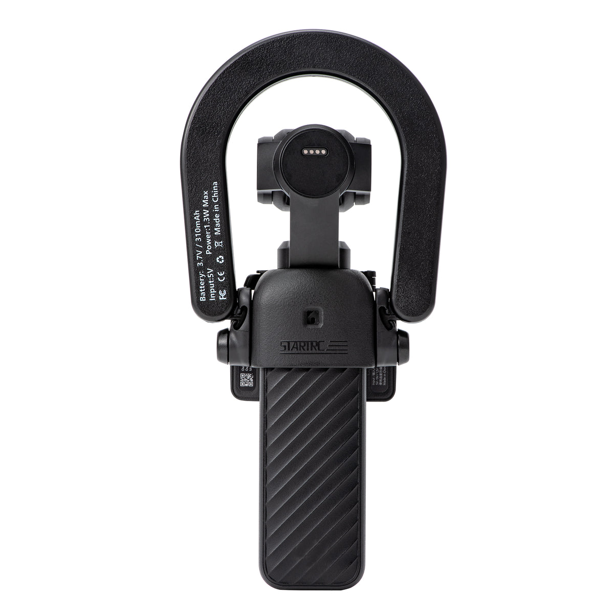 Rear installation view of the STARTRC ring light on the DJI Pocket 4, featuring a secure fit and textured grip.
