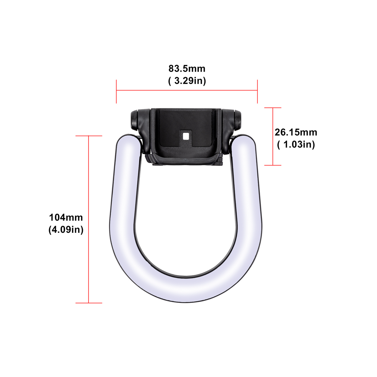 Size guide and dimensions (104 x 83.5 mm) of the STARTRC magnetic ring light, engineered exclusively for the Pocket series.