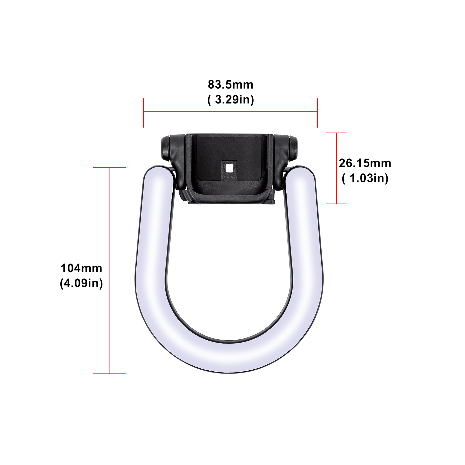 Size guide and dimensions (104 x 83.5 mm) of the STARTRC magnetic ring light, engineered exclusively for the Pocket series.