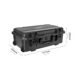 Detailed size dimensions of the multi-compatible trolley case, showing its capacity to hold both drone accessories and disassembled DSLR cameras.