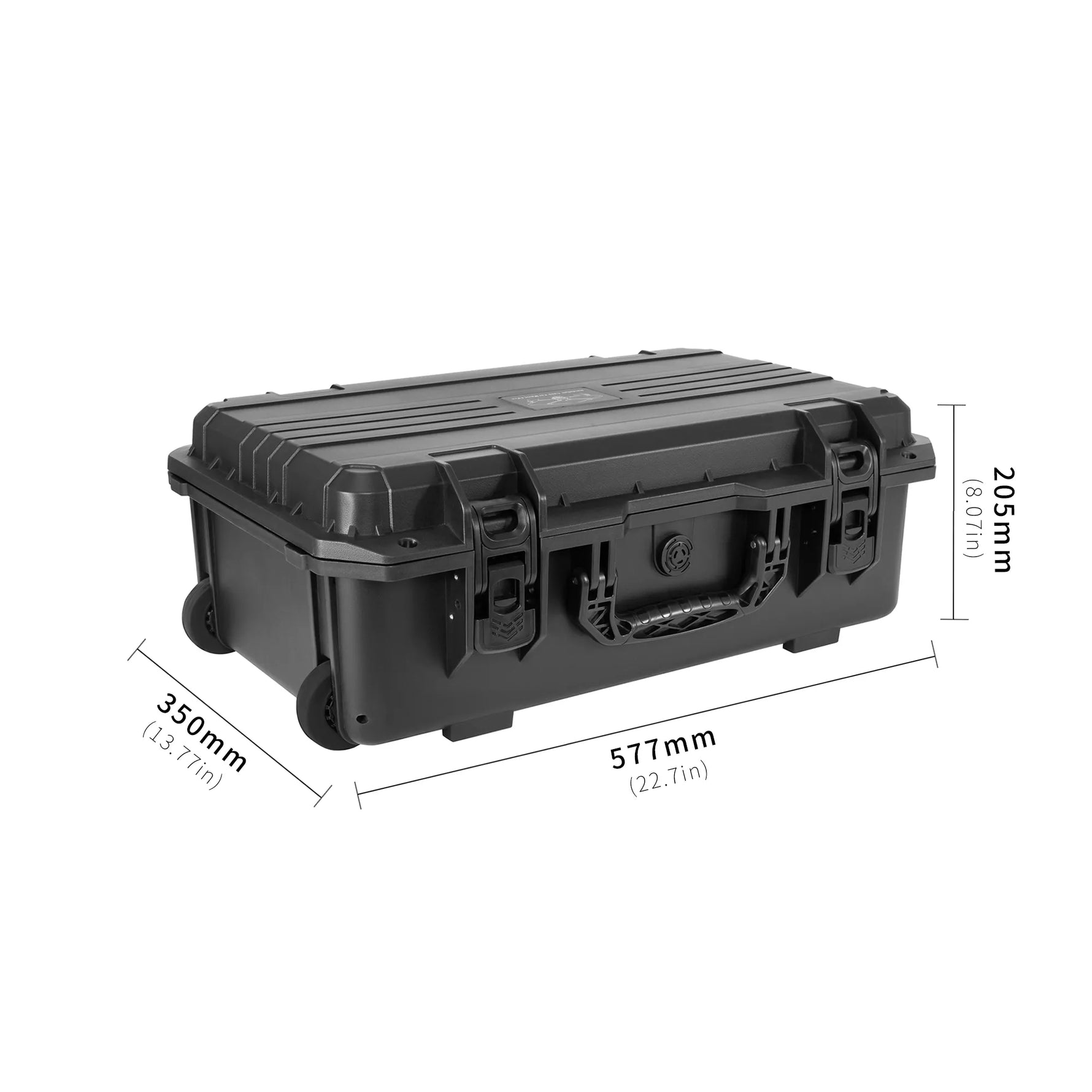 Detailed size dimensions of the multi-compatible trolley case, showing its capacity to hold both drone accessories and disassembled DSLR cameras.