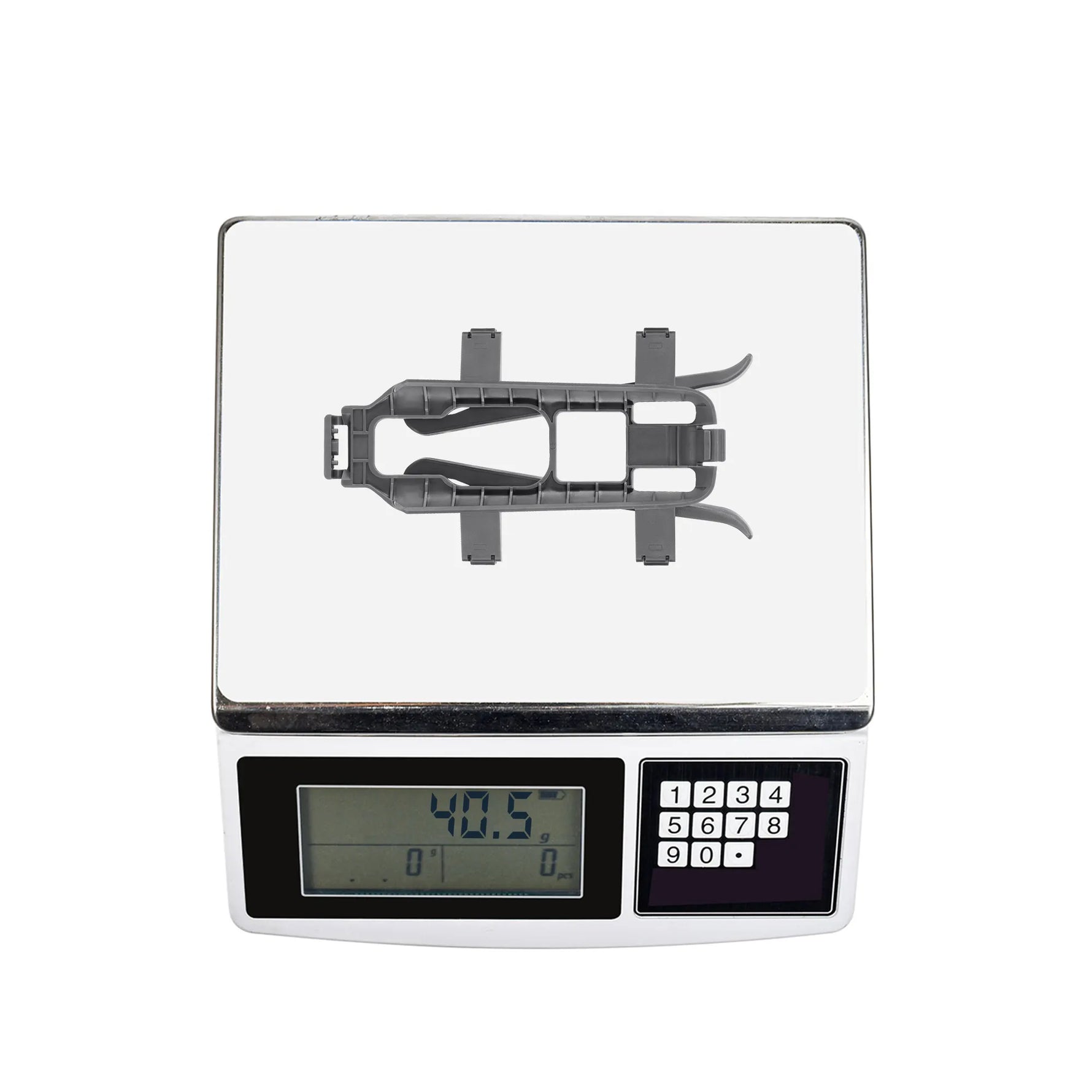 Digital scale displaying the 40.5-gram weight of the Mavic 4 Pro landing legs, proving its ultra-lightweight build that preserves flight time.