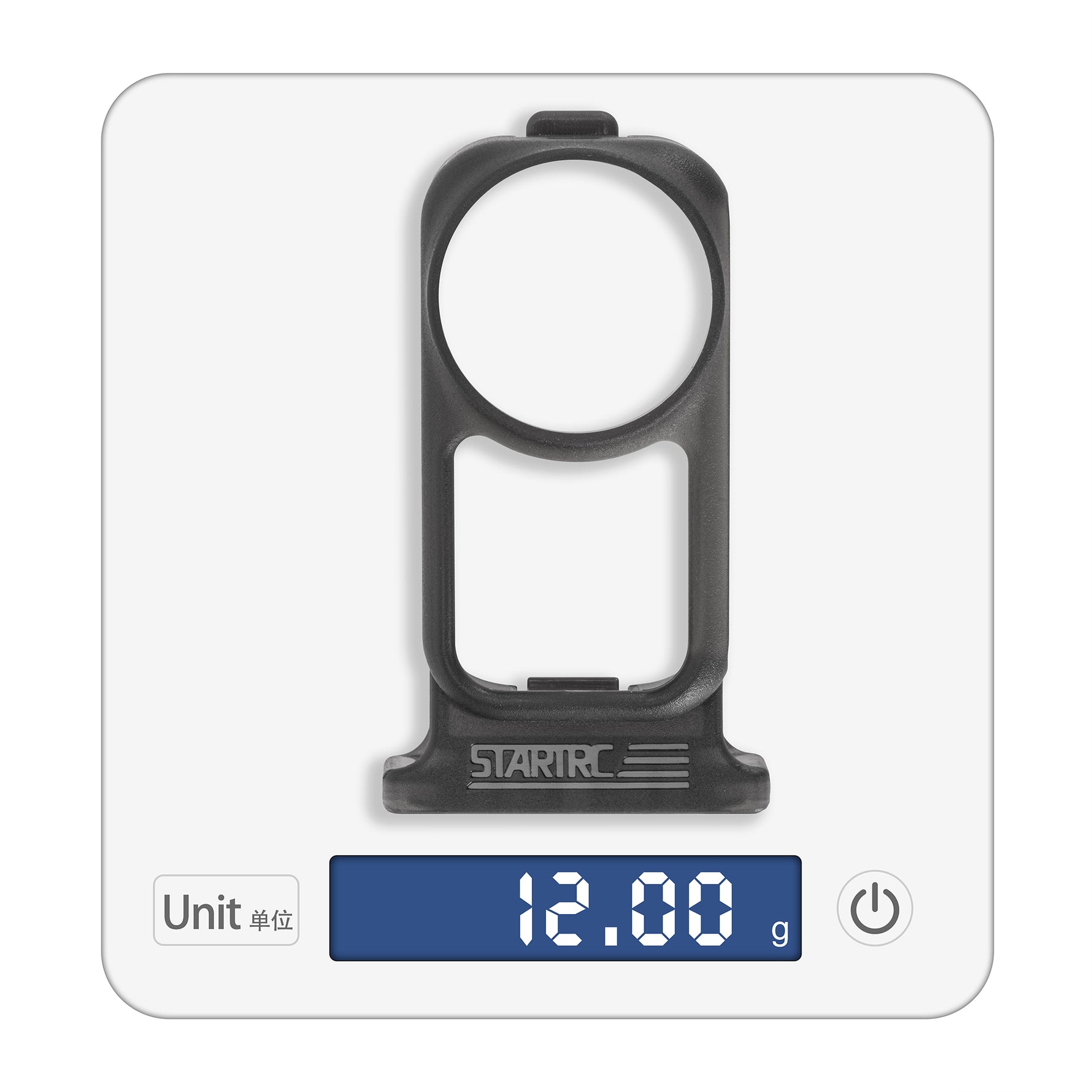 A digital scale displaying the 12g ultralight weight of the STARTRC protective frame, proving its lightweight and portable design for creators on the go.