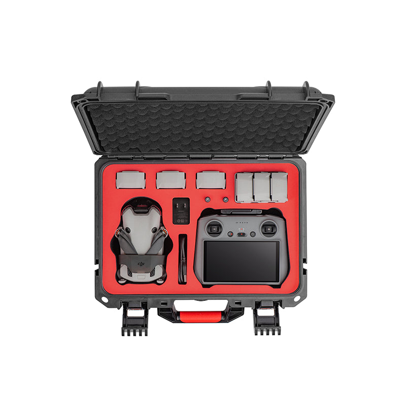 Open waterproof hard case with custom red EVA foam, securely organizing the DJI Mini 4 Pro, RC controller, and multiple flight batteries.