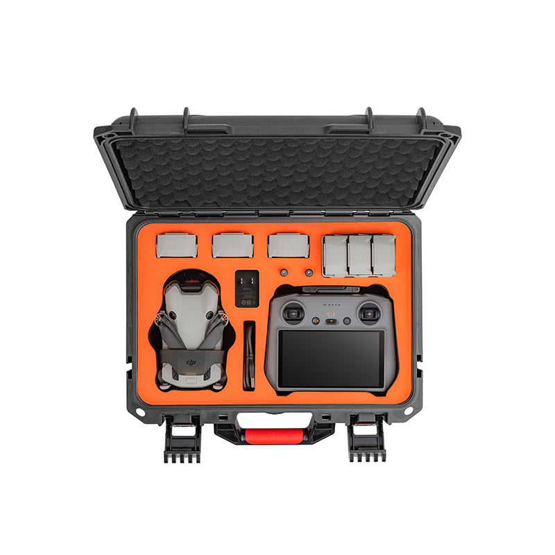 Open waterproof hard case displaying the bright orange precision-engineered interior, securely organizing the DJI Mini 4 Pro drone, RC2 controller, and flight batteries.