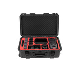 Open waterproof rolling case revealing custom red EVA foam compartments, securely organizing the DJI Mavic drone, RC controller, and multiple flight batteries.