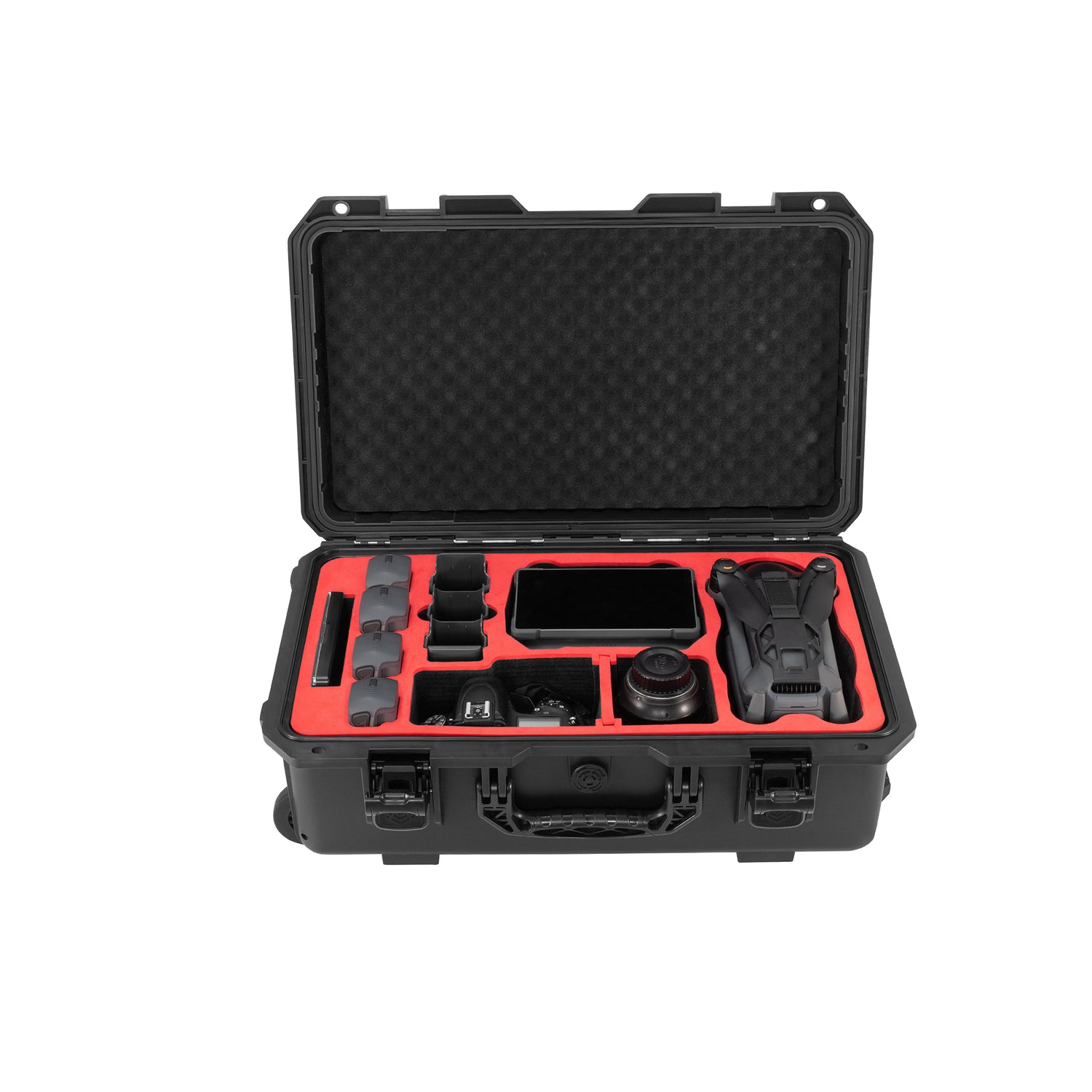 Open waterproof rolling case revealing custom red EVA foam compartments, securely organizing the DJI Mavic drone, RC controller, and multiple flight batteries.