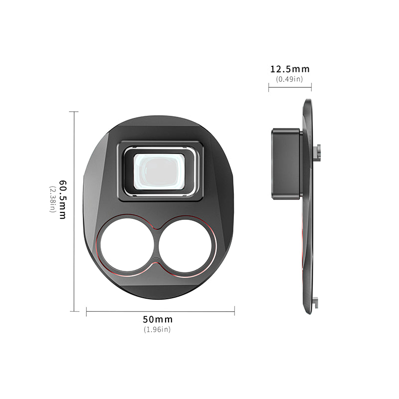 Side profile and precise size dimensions of the drone camera lens attachment, showing its lightweight optical glass design that maintains gimbal stability.